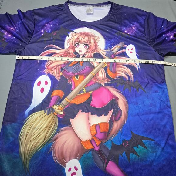 Anime Dark Purple Shirt Woman Witch Graphic Stretch Short Sleeves Men Size L NEW - Picture 5 of 9